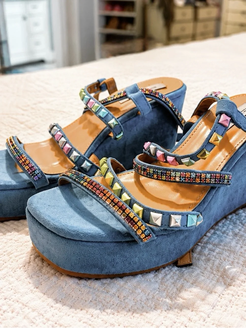 Embellished Blue Suede Platform Sandals with Beaded Straps